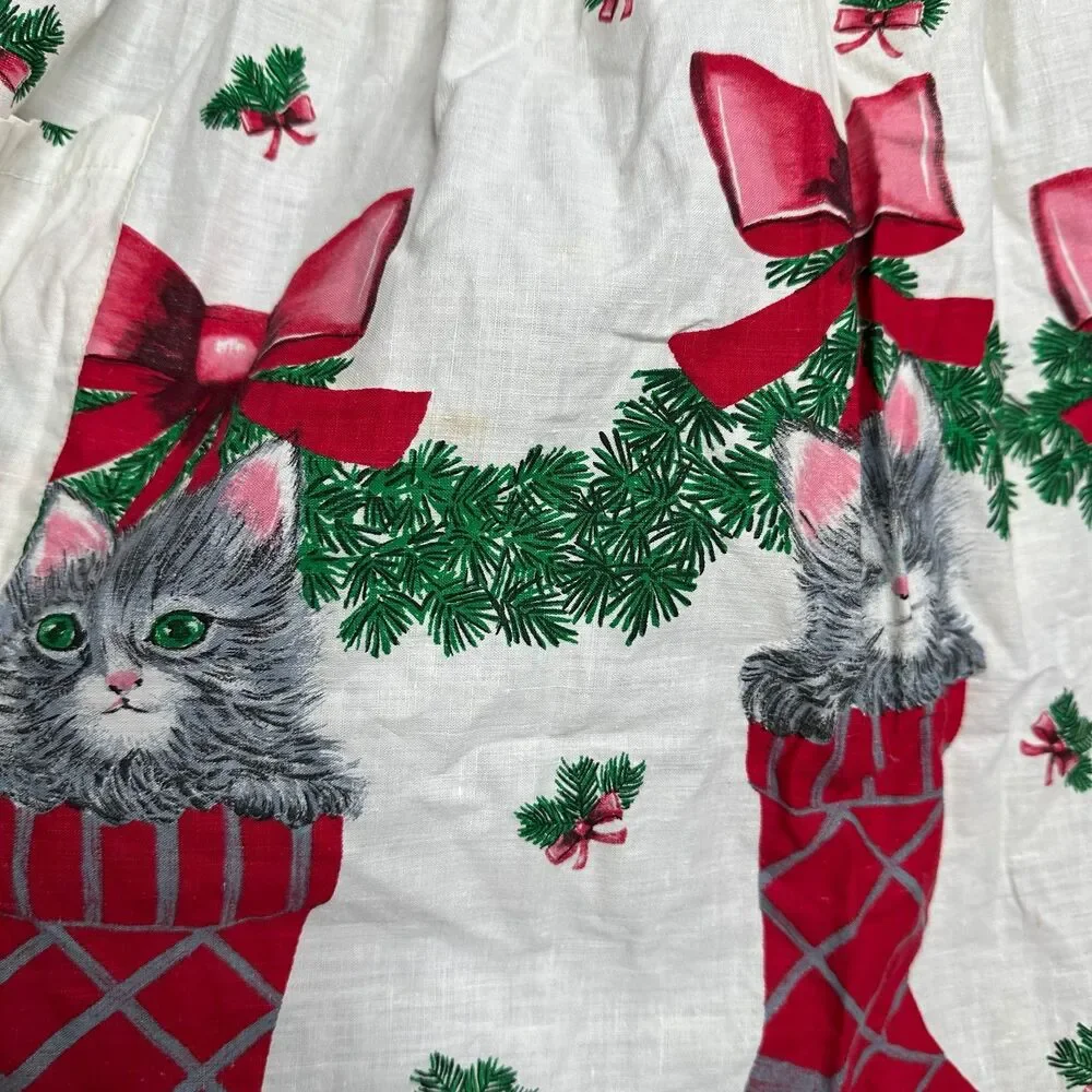 Vintage Holiday Christmas Skirt Apron Gray Kittens in Stockings Cotton